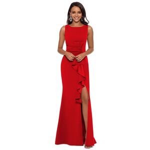 Betsy & Adam Women's Petite Dress 12P (Petite) Ruffled Boat-Neck Gown Red